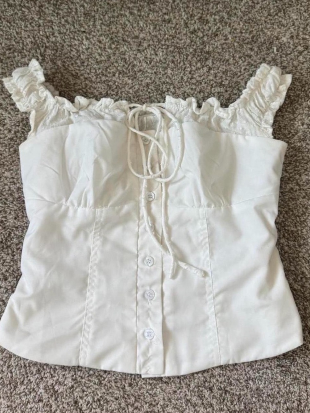 White Ruffled Lace-Trim Button Front Tank Top